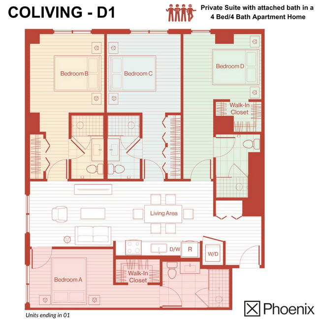 COLIVING Suites in 4 BR/4BA X Phoenix-1801D floor plan